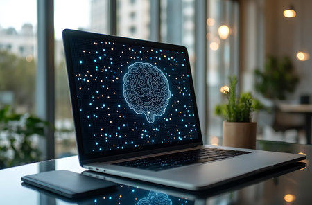 Creative artificial intelligence concept on modern laptop screen. 3D Renderingの素材