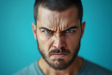 Close-up portrait of a man with a beard on a blue backgroundの素材