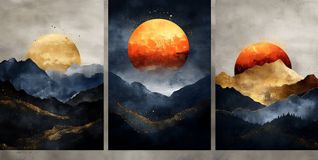 Sunset and sunrise in the mountains. Watercolor painting. Vector illustration.の素材