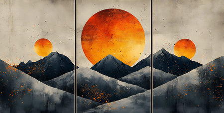 Abstract grunge background with mountains and sun. Collage. Elements of this image furnished by NASAの素材