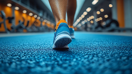 Close-up of a male athlete running on a track in a fitness centerの素材