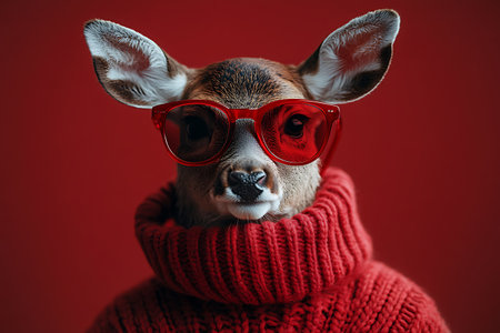 Portrait of a young deer wearing a red sweater and red sunglasses.の素材