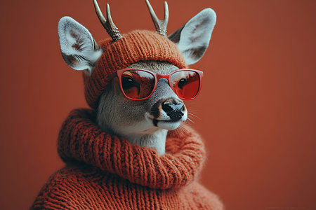 Funny deer wearing a warm sweater and red sunglasses on a red backgroundの素材