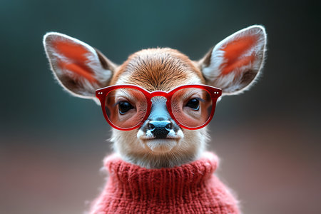 Funny deer wearing red glasses and sweater, close up portrait.の素材