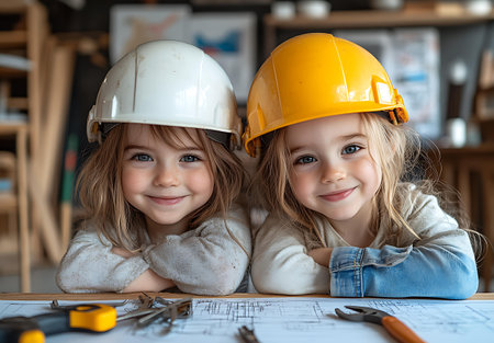 two little girls architects in hardhats working on a construction projectの素材