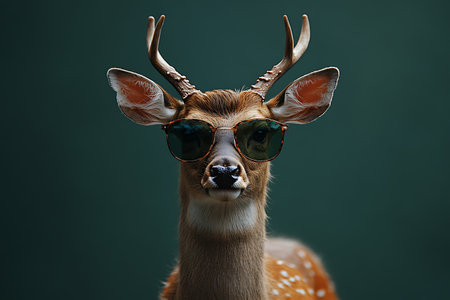 Portrait of a deer with sunglasses on a dark green background.の素材