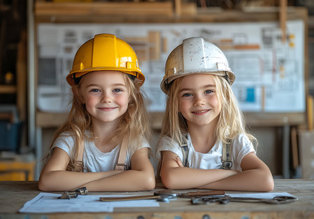 portrait of cute little girls in helmets with blueprint at construction siteの素材