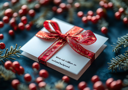 Christmas greeting card with red berries and gift box on blue table.の素材