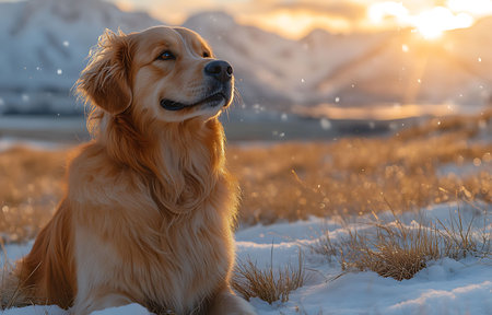 Golden Retriever dog on the snow in the winter at sunsetの素材
