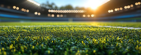 soccer field with bright spotlights at sunset, 3d renderの素材