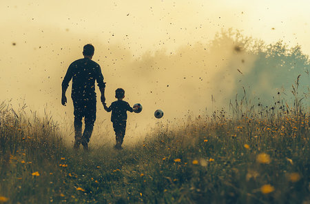 Father and son playing soccer in the meadow at the sunset.の素材