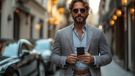 Handsome businessman using his mobile phone in a city street.の素材