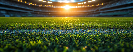 Soccer ball on green grass of soccer stadium or football field with bright light.の素材