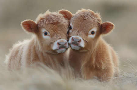 Calf with mother on the meadow, selective focus on the eyesの素材