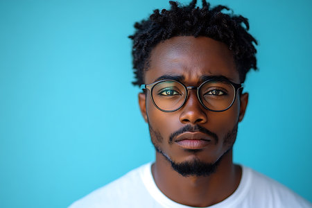 Close up portrait of a handsome african american man in glassesの素材