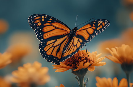 Butterfly on orange marigold flower in the garden.の素材