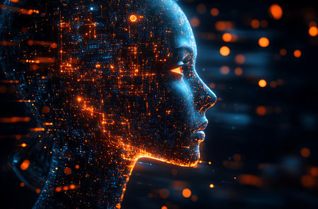 3d rendering of artificial intelligence concept with human head and glowing particlesの素材