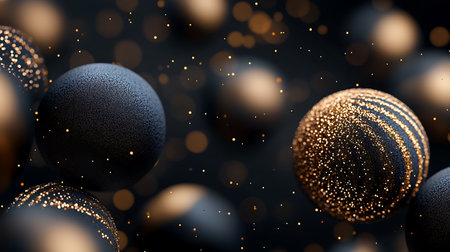 3D render of golden and black christmas balls on black backgroundの素材