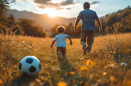 Father and son playing football in the field at sunset. Happy family concept.の素材