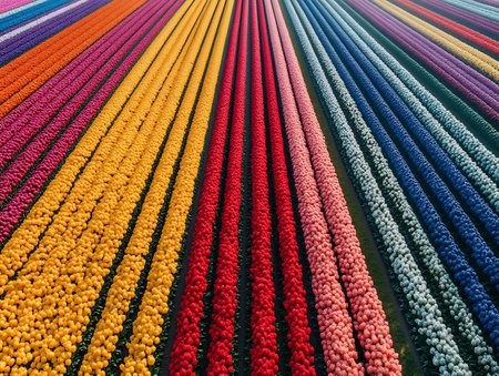 Aerial view of tulip fields in the Netherlands. Colorful tulip fields in Holland.の素材
