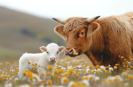 Cow and calf in a field of daisies, Scotland, UKの素材