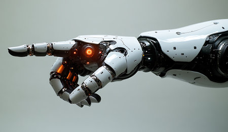 3d rendering humanoid robot hand showing thumbs up gesture on gray backgroundの素材
