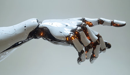 Robot hand touching virtual screen. 3d rendering. Futuristic technology concept.の素材