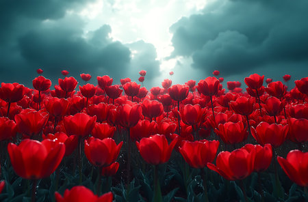 Red tulips in a field on a background of stormy skyの素材