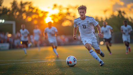 soccer player in action on the green field of stadium at sunsetの素材