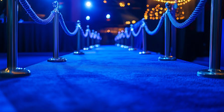 Pedestal with blue carpet at night, shallow depth of fieldの素材