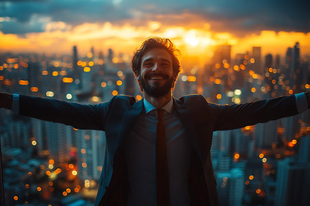Successful businessman standing on rooftop with cityscape background at sunset.の素材