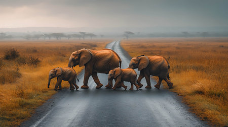 Elephants crossing the road in the savannah of the National Park of Kenyaの素材
