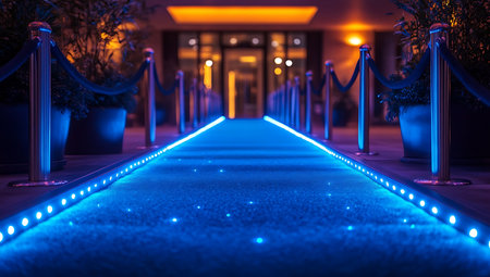 Pedestrian path with blue led lights in the city at nightの素材