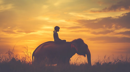 Silhouette of asian woman riding elephant on sunset background.の素材