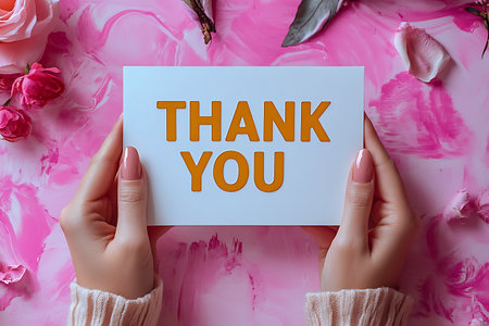 Thank you card in female hands on a pink background with flowers.の素材