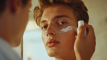 Young man applying cream on his face in front of mirror at homeの素材