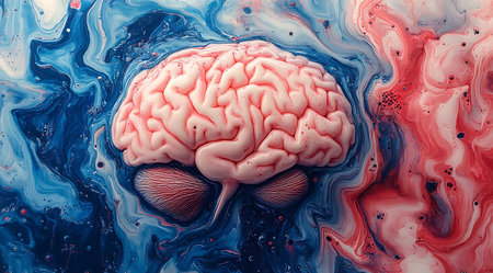 Human brain in blue and red paint. 3d rendering, 3d illustration.の素材