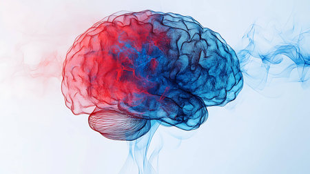 Brainstorming concept. 3D illustration of human brain with red and blue gradientの素材