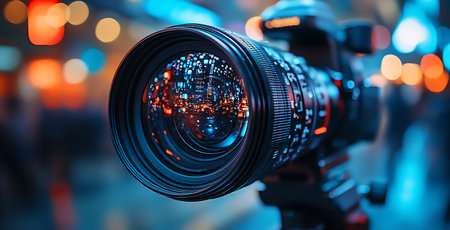 Professional video camera in the night city. Filmmaking equipment.の素材