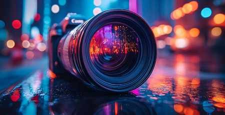 Camera lens with bokeh lights background. Selective focus.の素材