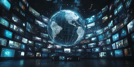 Global network of information exchanges over the world. 3D rendering.の素材