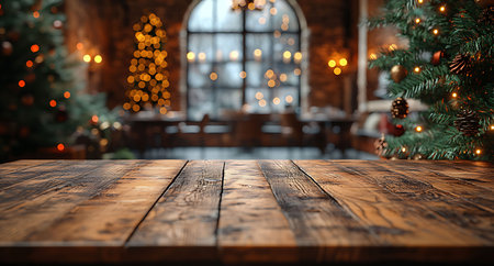 Wooden table in front of christmas tree. Christmas background.の素材