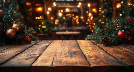 Empty wooden table with christmas decorations and bokeh background.の素材