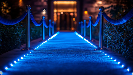 Pedestrian walkway with blue lights at night in the cityの素材