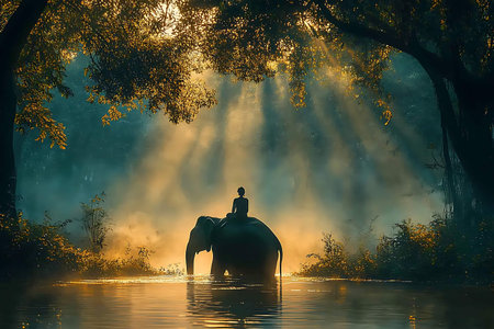 Elephant in the river at sunset. Indian elephant in the river.の素材
