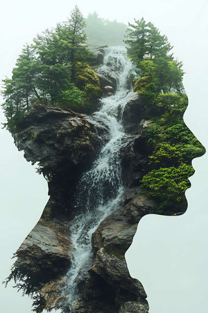 Silhouette of a woman's head with a waterfall in the backgroundの素材
