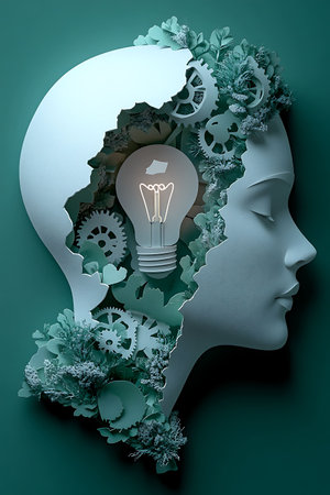 Idea in human head with gears and lightbulb. 3D renderingの素材