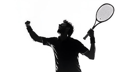Silhouette of a tennis player in action isolated on white backgroundの素材