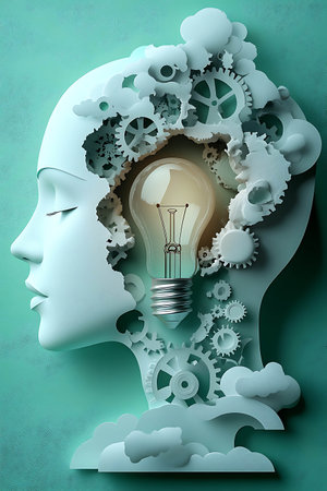 Idea concept with human head and lightbulb. 3D renderingの素材