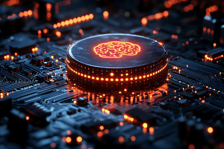 Artificial intelligence (AI) and machine learning (AI) concept. Close up of human brain on computer circuit board. 3D Renderingの素材